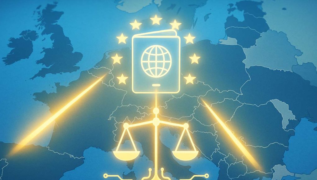 EU map with beams from France, Italy and Austria converging on a digital passport over Brussels, symbolizing MiCA regulation and ESMA oversight.