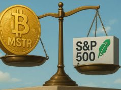 MicroStrategy Misses S&P 500 Inclusion as Investors Question Bitcoin Treasury Risks Editorial illustration of a financial scale with a large golden bitcoin coin engraved “MSTR” tipping one side, while the other side holds an S&P 500 block balanced with Robinhood’s logo. Symbolizes Strategy’s exclusion from the index and risks of a bitcoin-heavy treasury.