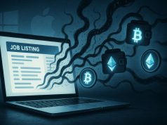 Invisible ModStealer Malware Spreads Through Fake Job Ads to Drain Crypto Wallets Editorial illustration of ModStealer malware stealing crypto through fake job ads, with a glowing laptop, digital wallet icons, and subtle Windows, Mac, and Linux symbols in the background.