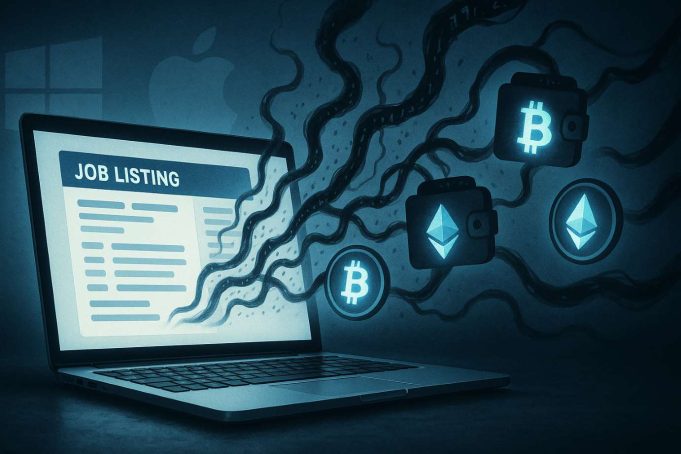 Editorial illustration of ModStealer malware stealing crypto through fake job ads, with a glowing laptop, digital wallet icons, and subtle Windows, Mac, and Linux symbols in the background.