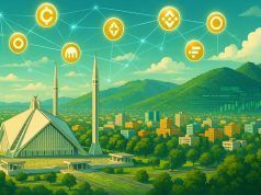 Pakistan Opens Licensing Doors to Global Crypto Firms, Offering Regulated Access to 40 Million Users Editorial illustration of Islamabad’s Faisal Mosque with digital ledger patterns overlaying the skyline, symbolizing Pakistan crypto licensing and regulation. Glowing network lines connect to icons of global crypto exchanges, highlighting international firms entering a $300B market serving 40M users. 16:9, no text overlays.