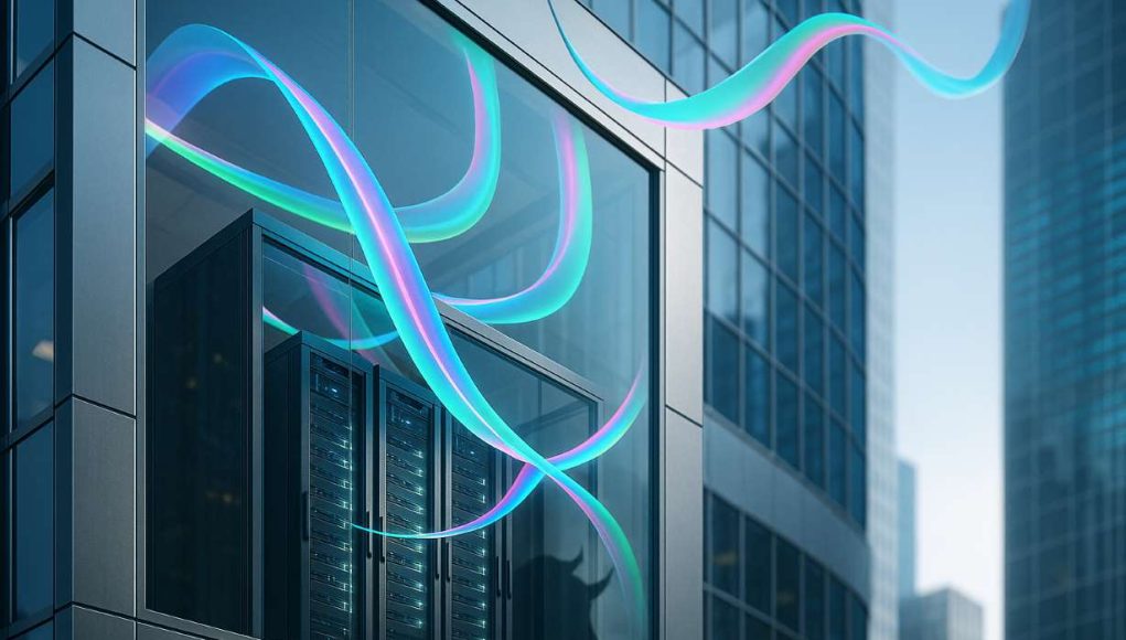 Wall Street glass tower with glowing validator racks and Solana-colored ribbons, symbolizing Sol Strategies’ Nasdaq listing (STKE) and its hybrid Solana treasury + staking model.