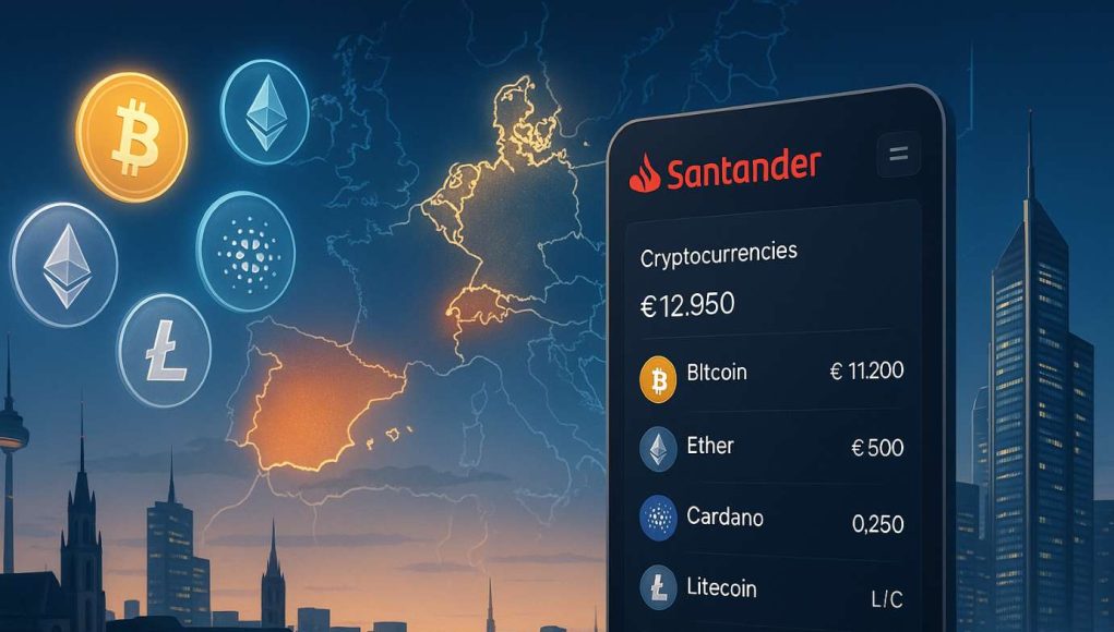 editorial illustration of Santander’s digital bank Openbank launching crypto trading in Europe. Futuristic interface with Bitcoin, Ether, Cardano, Litecoin, and Polygon icons hovering above a digital screen, Germany highlighted on a glowing Europe map with Spain next in line.