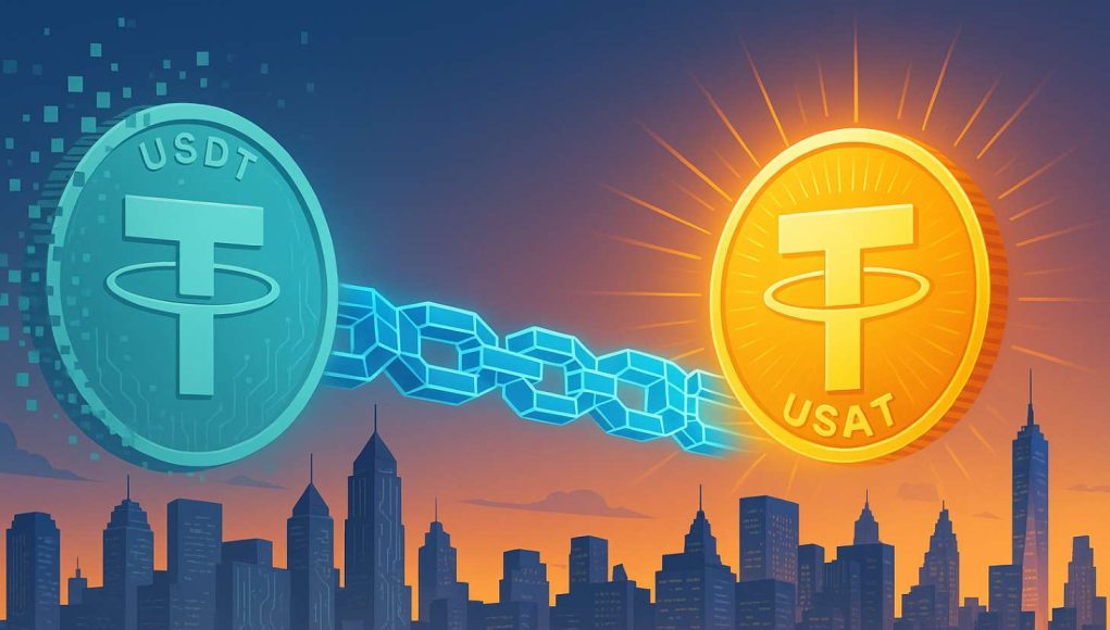 Editorial illustration of a symbolic handover from Tether’s USDT to the new USAT stablecoin. A fading USDT coin dissolves on the left, while a glowing USAT coin emerges on the right, connected by a blockchain bridge. The background shows a modern U.S. city skyline, representing Tether’s shift to the regulated American market.
