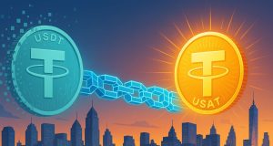 Tether’s USAT Stablecoin: U.S. Launch Signals New Era Backed by Billion-Dollar Profits Editorial illustration of a symbolic handover from Tether’s USDT to the new USAT stablecoin. A fading USDT coin dissolves on the left, while a glowing USAT coin emerges on the right, connected by a blockchain bridge. The background shows a modern U.S. city skyline, representing Tether’s shift to the regulated American market.