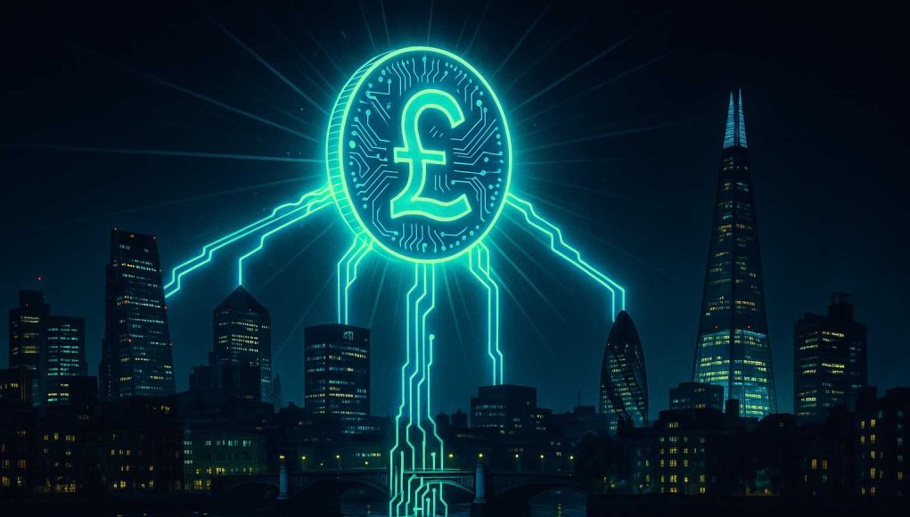 Glowing digital pound coin above London skyline at night, with neon blockchain beams linking UK banks, symbolizing tokenized sterling deposits pilot.