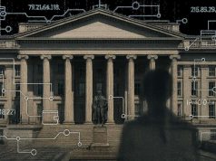 U.S. Treasury’s Mixer Rule Nears Final Stage Despite Friendlier White House Crypto Stance Editorial illustration of the U.S. Treasury building with blockchain motifs and fading crypto user silhouette, symbolizing FinCEN’s mixer rule and crypto privacy concerns.