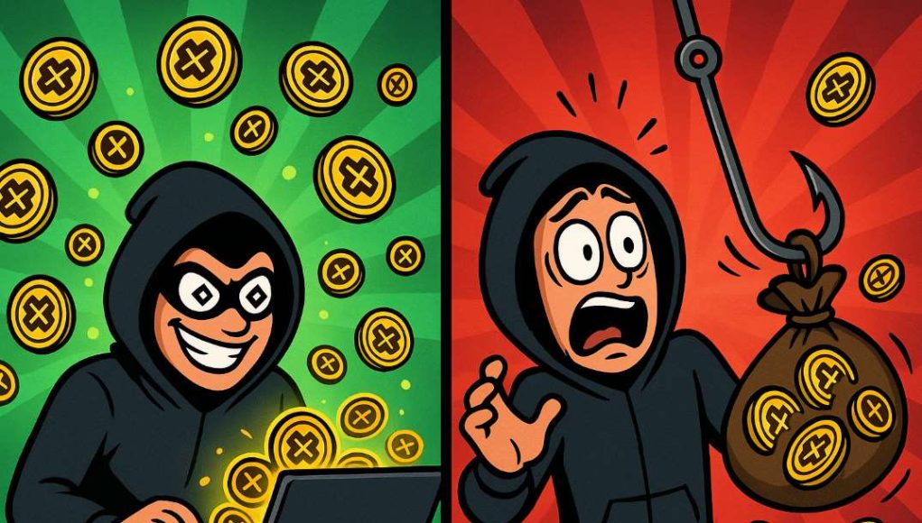Cartoon-style meme of a hacker minting UXLINK tokens on one side and losing them to a phishing hook on the other, symbolizing the ironic UXLINK hack aftermath.