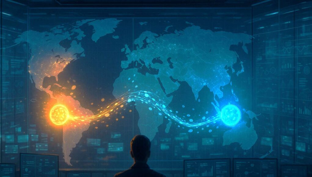 Futuristic digital control room with glowing data streams linking two network hubs in blue and amber light, representing ACI Worldwide and BitPay collaboration in crypto payments.
