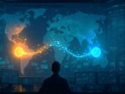 ACI Worldwide Taps BitPay to Compete in Next-Gen Payments Race Futuristic digital control room with glowing data streams linking two network hubs in blue and amber light, representing ACI Worldwide and BitPay collaboration in crypto payments.