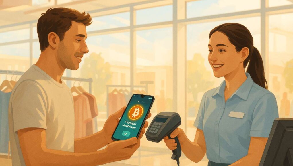 Customer using smartphone for Bealls crypto payments via Flexa at a bright retail checkout counter.