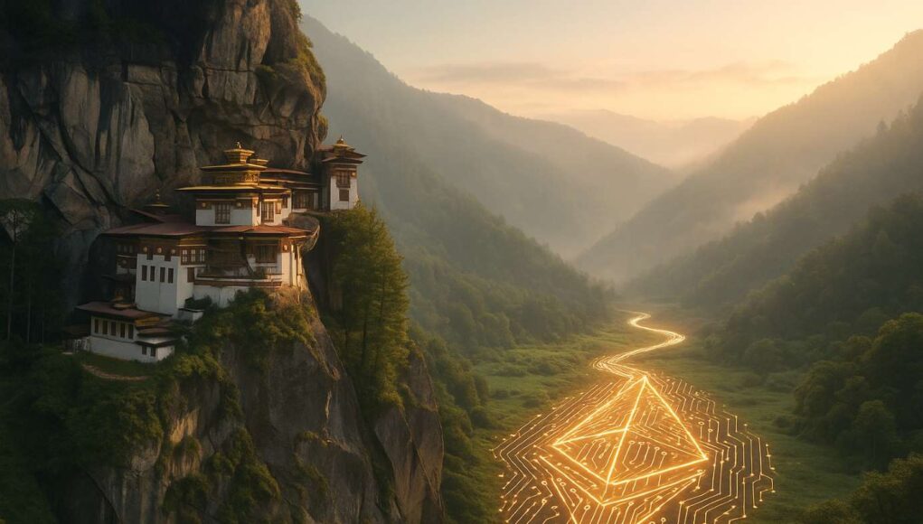 Editorial illustration, Aerial view of Bhutan’s Tiger’s Nest Monastery above a glowing Ethereum-shaped digital circuit river symbolizing national digital identity migration.