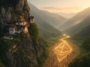 From Polygon to Ethereum: Why Bhutan Is Moving Its National ID to the World’s Largest Blockchain Editorial illustration, Aerial view of Bhutan’s Tiger’s Nest Monastery above a glowing Ethereum-shaped digital circuit river symbolizing national digital identity migration.
