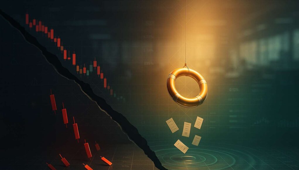 Editorial illustration: a lifebuoy descends over a cracked trading chart after the Oct 10–11 crash, symbolizing the Binance relief fund and trader compensation.