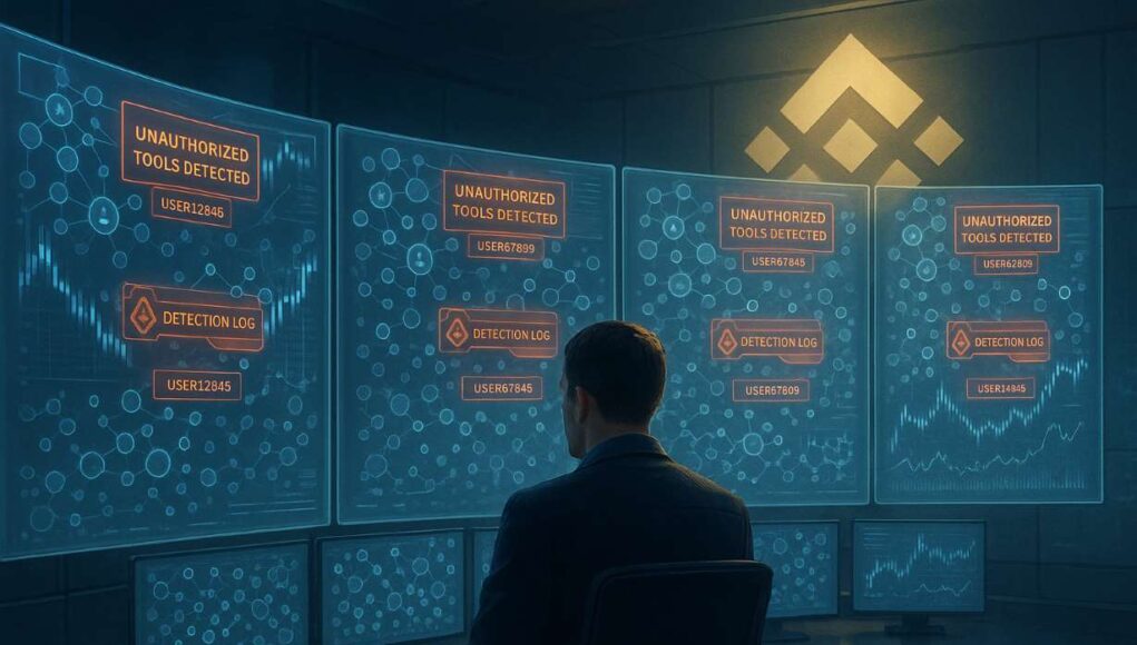 A high-detail 3:2 editorial illustration showing a digital security command center inside Binance headquarters, with analysts monitoring holographic screens displaying alerts about unauthorized trading tools. The scene symbolizes Binance bans 600 accounts to reinforce platform compliance and fair trading integrity.
