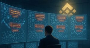 Binance Bans 600 Accounts in Crackdown on Unauthorized Trading Tools A high-detail 3:2 editorial illustration showing a digital security command center inside Binance headquarters, with analysts monitoring holographic screens displaying alerts about unauthorized trading tools. The scene symbolizes Binance bans 600 accounts to reinforce platform compliance and fair trading integrity.