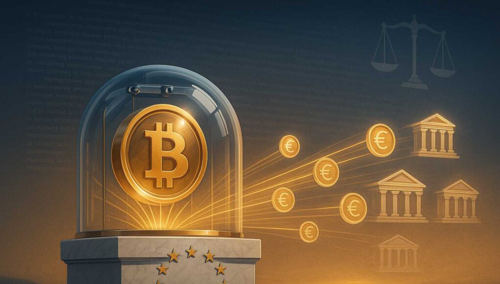 Golden Bitcoin enclosed in a transparent glass vault sphere on a marble pedestal engraved with EU stars, symbolizing Europe’s first regulated Bitcoin-backed loan by 21bitcoin and VR-Bank under MiCAR compliance.