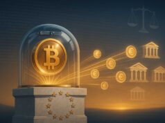 Austria’s 21bitcoin and VR-Bank Launch Europe’s First Regulated Bitcoin-Backed Loan Pilot Golden Bitcoin enclosed in a transparent glass vault sphere on a marble pedestal engraved with EU stars, symbolizing Europe’s first regulated Bitcoin-backed loan by 21bitcoin and VR-Bank under MiCAR compliance.