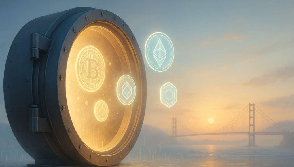 Illustration of a glowing digital vault on the California coastline at sunrise, with floating holographic crypto coins and the Golden Gate Bridge in the background, symbolizing the California unclaimed crypto law protecting dormant assets.