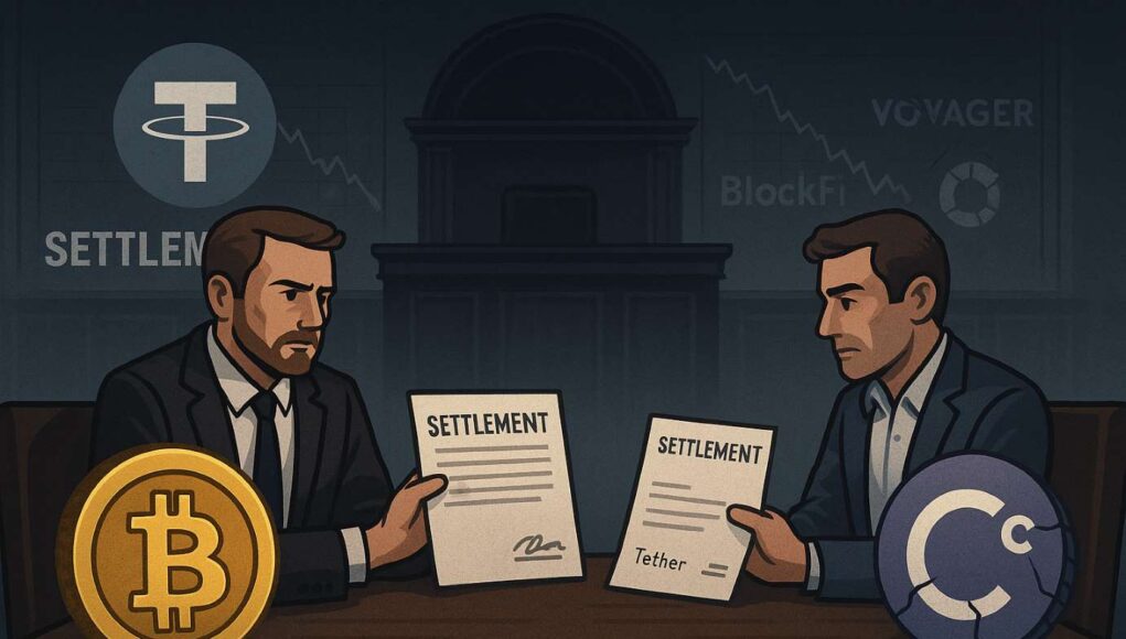 Illustration of the Celsius Tether lawsuit settlement, showing two men in suits representing Tether and Celsius seated across a courtroom table, exchanging signed settlement documents.