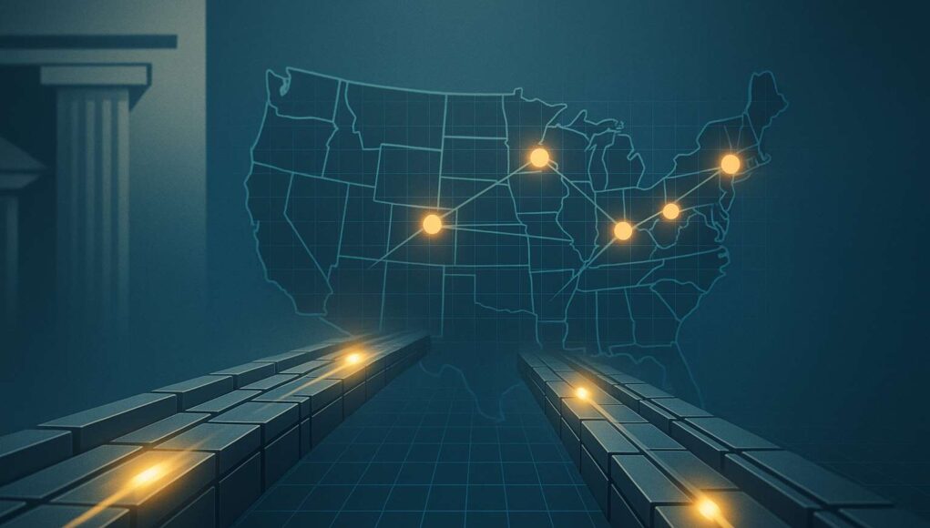 Coinbase OCC trust charter: parallel digital payment rails converge on a U.S. grid map, signaling federally supervised, nationwide crypto payments.
