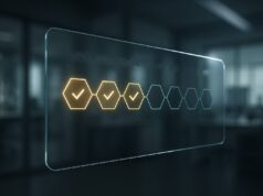Crunch Lab’s $5M Raise Marks Blockchain’s Leap Beyond Crypto — Into Science, Healthcare, and AI “Editorial image of a transparent glass data panel showing a chain of hexagonal checkpoints lighting up as verified, against a soft-focus research lab background, symbolizing on-chain model verification and reproducible research.