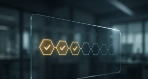 Crunch Lab’s $5M Raise Marks Blockchain’s Leap Beyond Crypto — Into Science, Healthcare, and AI “Editorial image of a transparent glass data panel showing a chain of hexagonal checkpoints lighting up as verified, against a soft-focus research lab background, symbolizing on-chain model verification and reproducible research.