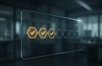 Crunch Lab’s $5M Raise Marks Blockchain’s Leap Beyond Crypto — Into Science, Healthcare, and AI “Editorial image of a transparent glass data panel showing a chain of hexagonal checkpoints lighting up as verified, against a soft-focus research lab background, symbolizing on-chain model verification and reproducible research.