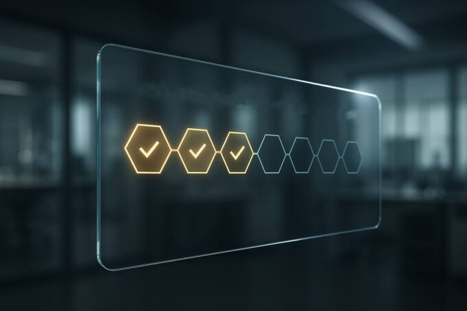“Editorial image of a transparent glass data panel showing a chain of hexagonal checkpoints lighting up as verified, against a soft-focus research lab background, symbolizing on-chain model verification and reproducible research.