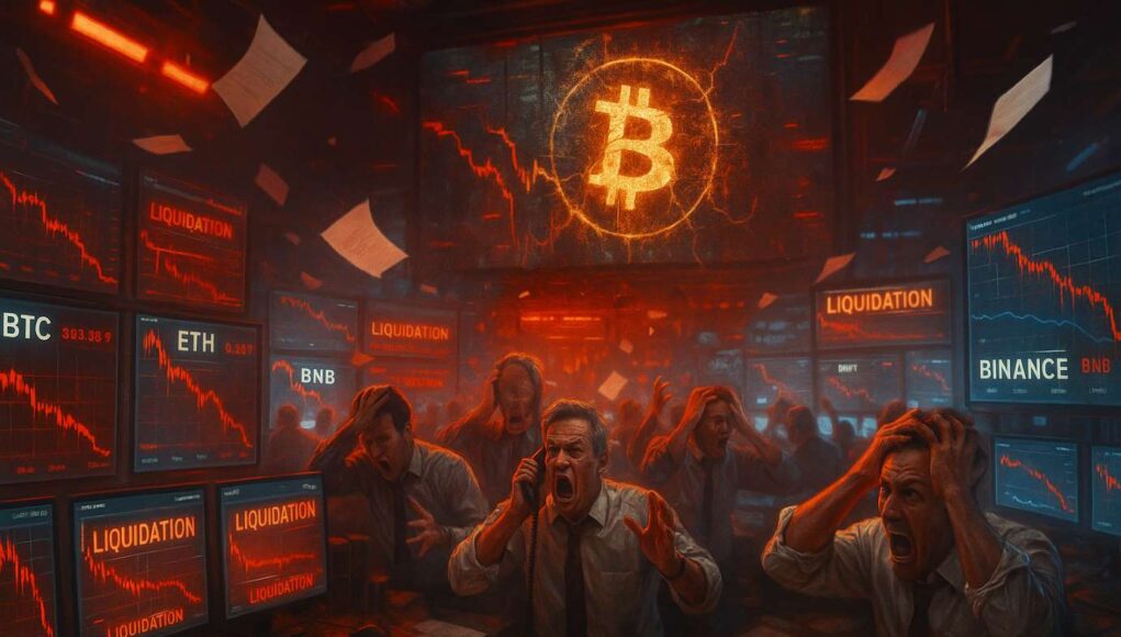 Traders panic on a digital crypto trading floor as red charts collapse during the Oct. 10 crypto flash crash; the Binance logo flickers amid falling Bitcoin and Ethereum prices in a chaotic “Crypto’s Black Friday” scene.