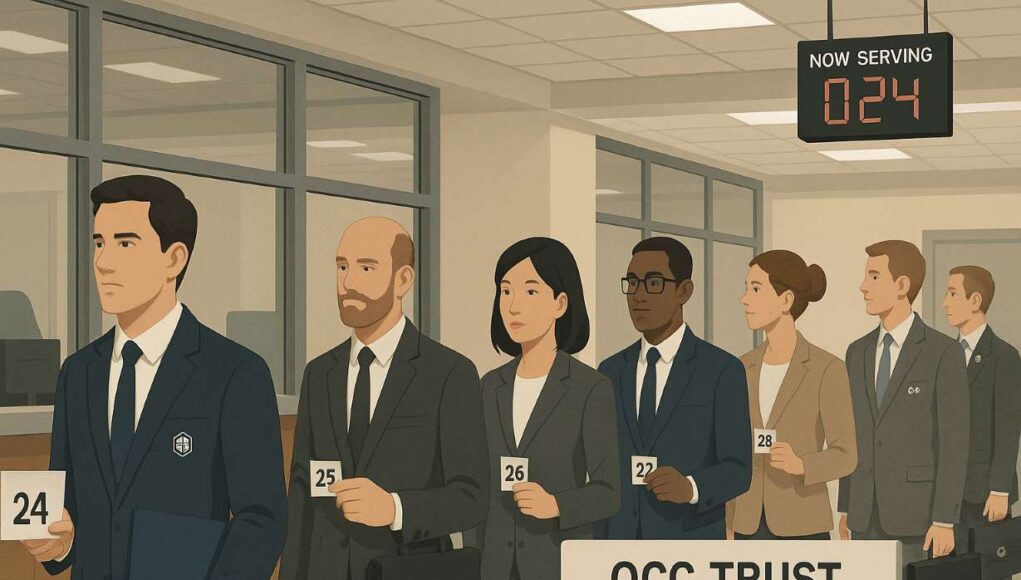 Crypto-com-trust-charter Bankers and crypto executives wait in line at a government office labeled “OCC Trust Charter Applications,” symbolizing Crypto.com’s national trust bank charter filing and the 2025 race for federal approval among digital-asset firms.