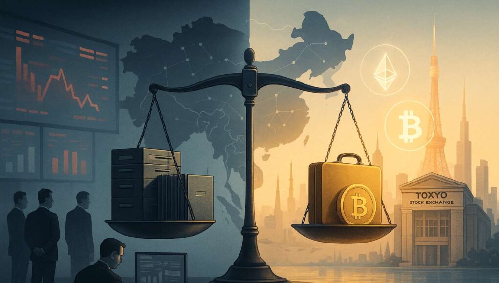 Symbolic illustration showing Asia’s divided approach to Digital Asset Treasury rules — regulators on one side, Tokyo’s open crypto market on the other.
