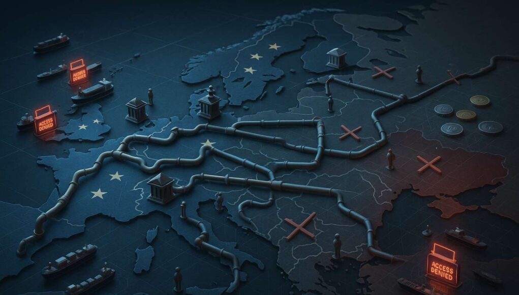 A cinematic editorial illustration showing a strategic board game map of Europe where miniature ships are stopped by “Access Denied” harbor gates, blocked pipelines, and fenced crypto tokens symbolize the EU 19th sanctions package, A7A5 stablecoin ban, and energy trade restrictions.