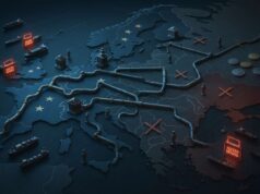 LNG, Banks, and Crypto: EU’s 19th Sanctions Package Closes Every Escape Route A cinematic editorial illustration showing a strategic board game map of Europe where miniature ships are stopped by “Access Denied” harbor gates, blocked pipelines, and fenced crypto tokens symbolize the EU 19th sanctions package, A7A5 stablecoin ban, and energy trade restrictions.