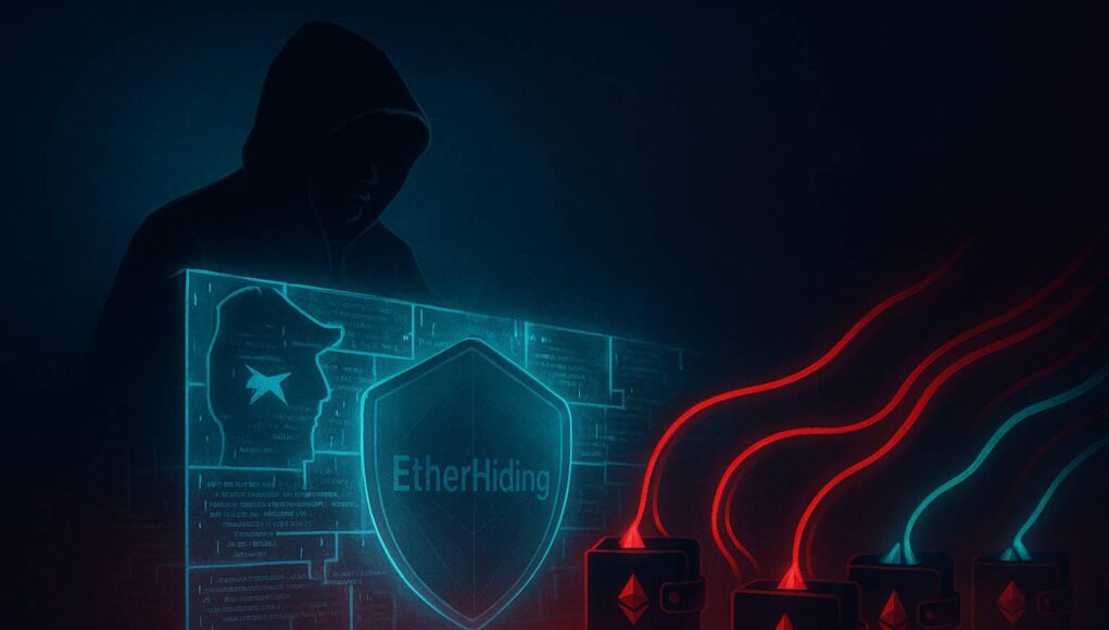 Illustration of North Korean hackers using the EtherHiding technique to hide crypto-stealing malware within blockchain smart contracts, shown as glowing data streams breaching a digital blockchain wall.