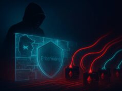 North Korean Hackers Use Blockchain to Hide Crypto-Stealing Malware Illustration of North Korean hackers using the EtherHiding technique to hide crypto-stealing malware within blockchain smart contracts, shown as glowing data streams breaching a digital blockchain wall.