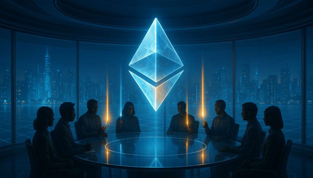A cinematic 3:2 illustration showing a glowing Ethereum logo above a round glass table surrounded by silhouetted developers and validators. Light beams converge toward the symbol, highlighting Ethereum decentralization and governance imbalance.