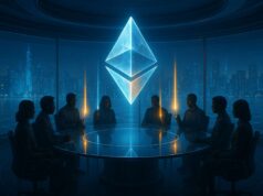 Ethereum’s Decentralization Dilemma: Power Concentrates as the Network Scales A cinematic 3:2 illustration showing a glowing Ethereum logo above a round glass table surrounded by silhouetted developers and validators. Light beams converge toward the symbol, highlighting Ethereum decentralization and governance imbalance.