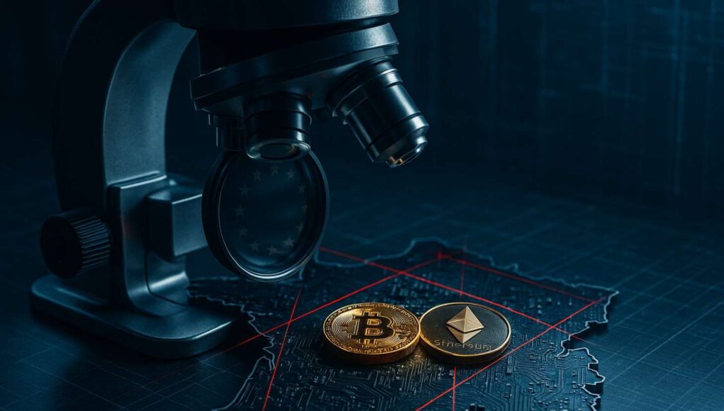 A digital microscope inspects glowing Bitcoin and Ethereum coins on a circuit board shaped like France, surrounded by red laser scan lines and golden EU stars, symbolizing France’s AML checks on crypto exchanges under MiCA and upcoming EU-wide AMLA oversight.