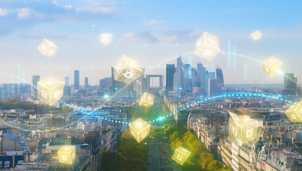 Bright daytime view of Paris La Défense with digital stock ticker and blockchain grid, symbolizing LISE France tokenized stock exchange.