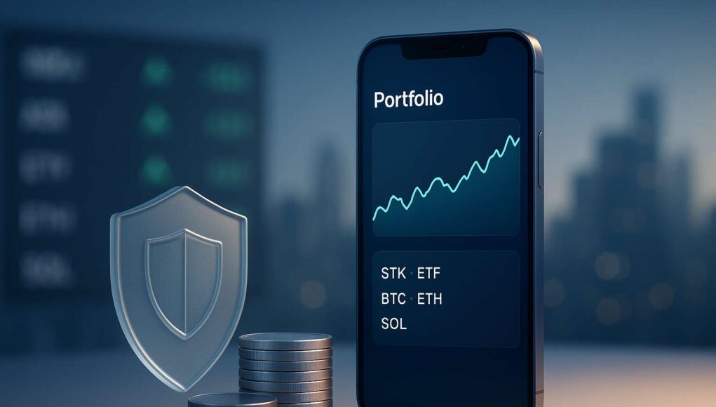 GalaxyOne platform for U.S. investors, phone screen with multi-asset trading, shield for safety, coins for 4% APY cash and premium yield.