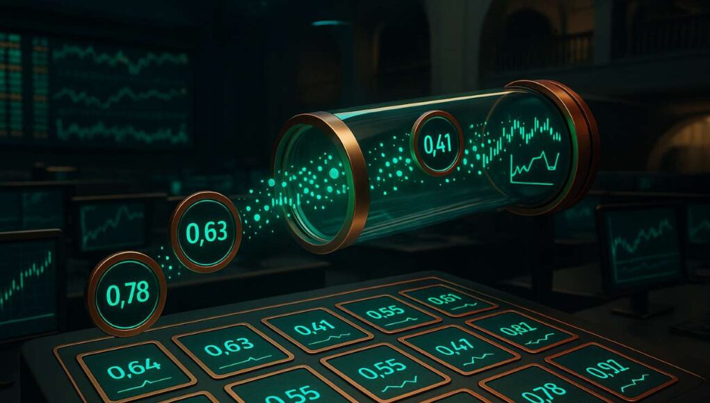 Modern trading floor with an emerald data conduit feeding probability cards, illustrating ICE’s $2B stake and distribution of Polymarket event data.