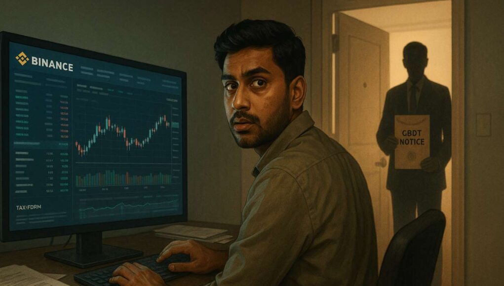 Indian crypto trader startled as tax officer delivers CBDT notice, symbolic image of India’s Binance tax probe and crypto crackdown