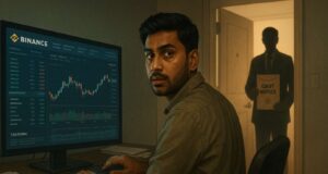 India expands crypto tax crackdown: 400+ Binance traders under investigation for $42M in unpaid taxes Indian crypto trader startled as tax officer delivers CBDT notice, symbolic image of India’s Binance tax probe and crypto crackdown