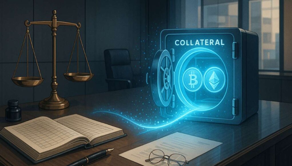 JPMorgan crypto collateral concept — Bitcoin and Ether shown as digital assets pledged in a bank loan setting, symbolizing Wall Street crypto adoption.