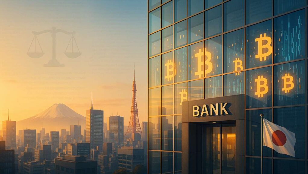 Japan’s financial district blends Bitcoin visuals and legal symbols to depict banks preparing for regulated crypto trading under the new insider trading ban. Illustration.