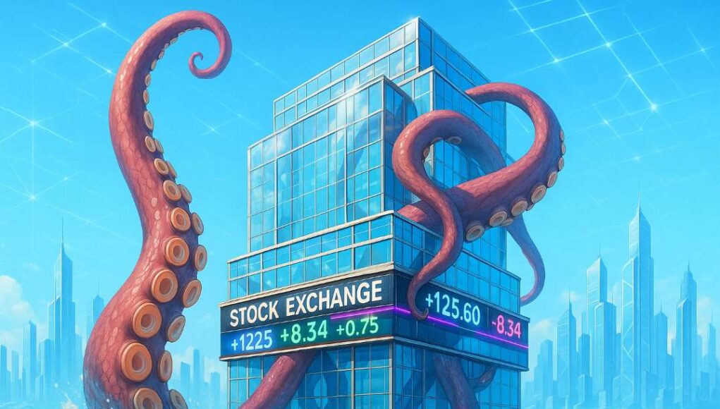 A giant Kraken tentacle rising from a bright ocean and wrapping around a futuristic stock exchange building with glowing digital tickers, symbolizing valuation growth ahead of the Kraken's potential public listing.
