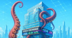 Kraken IPO 2026: Exchange Secures $500M and Eyes $20B Valuation A giant Kraken tentacle rising from a bright ocean and wrapping around a futuristic stock exchange building with glowing digital tickers, symbolizing valuation growth ahead of the Kraken's potential public listing.