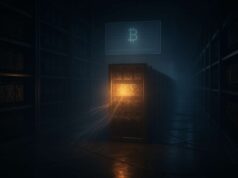 LuBian Wallet Awakens: Arkham’s $14.5 B Bitcoin Mystery Moves Again Editorial image of a dark bitcoin data center where one rack glows with warm amber light, thin particle-like data streams flow outward, and a faint holographic wallet projection hovers above, visualizing the LuBian wallet reactivation and movement of 9,757 BTC after three years of dormancy.
