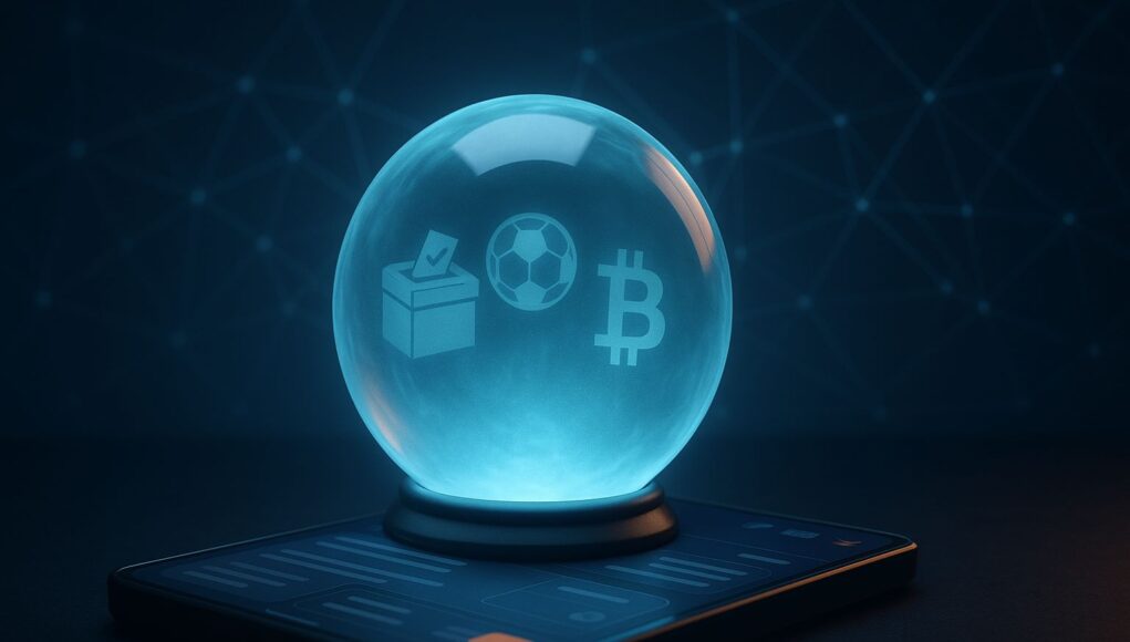 MetaMask Polymarket integration illustration showing a digital crystal ball above a crypto wallet, symbolizing on-chain prediction markets.